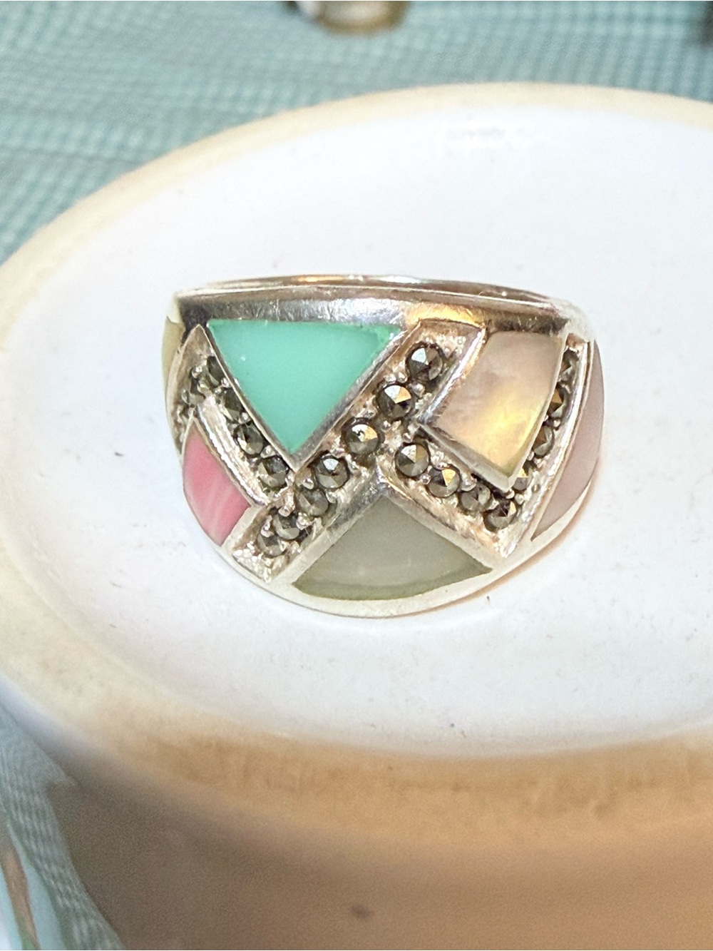 Sterling Silver Inlay Statement Ring with Mint, Pink and Cream Accents